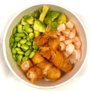 gamberi a vapore, gamberi panko, avocado, edamame, salsa teriyaki, maionese spicy, sesamo tostato