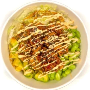 listarelle di pollo, avocado, edamame, insalata, salsa teriyaki, maionese japan, sesamo tostato